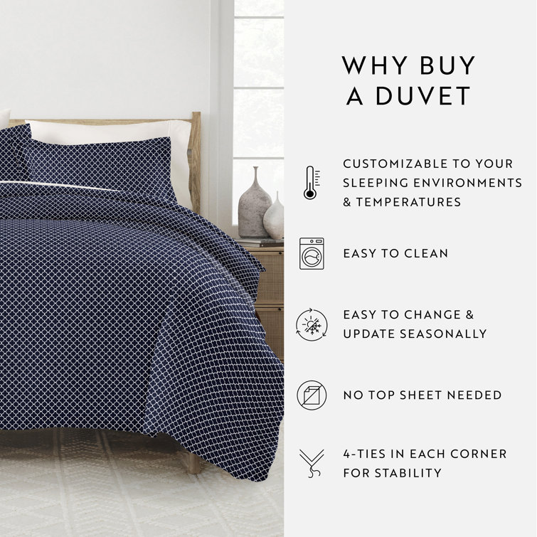 Navy Geometric Pattern Microfiber Queen Duvet Cover Set