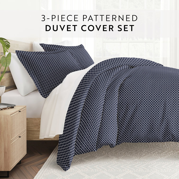 Navy Geometric Pattern Microfiber Queen Duvet Cover Set