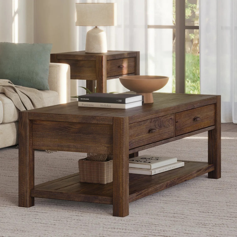 Rustic Walnut Solid Wood Coffee Table with Storage Drawers