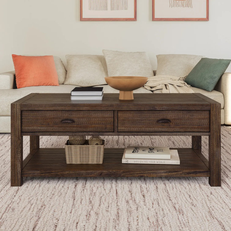 Rustic Walnut Solid Wood Coffee Table with Storage Drawers