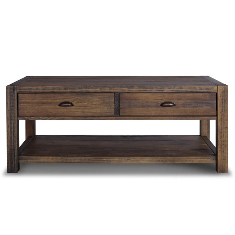 Rustic Walnut Solid Wood Coffee Table with Storage Drawers
