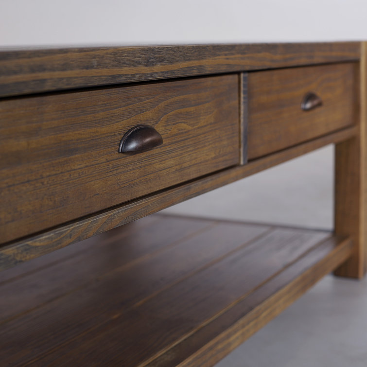 Rustic Walnut Solid Wood Coffee Table with Storage Drawers