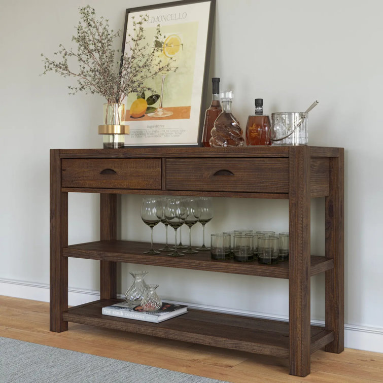 Rustic Walnut Solid Pine Wood Console Table with Storage