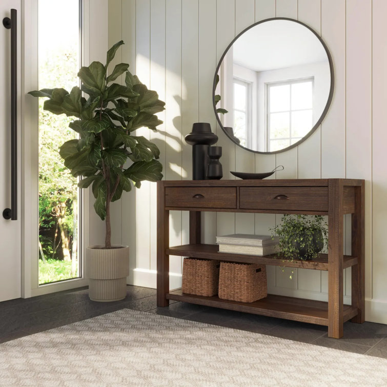 Rustic Walnut Solid Pine Wood Console Table with Storage