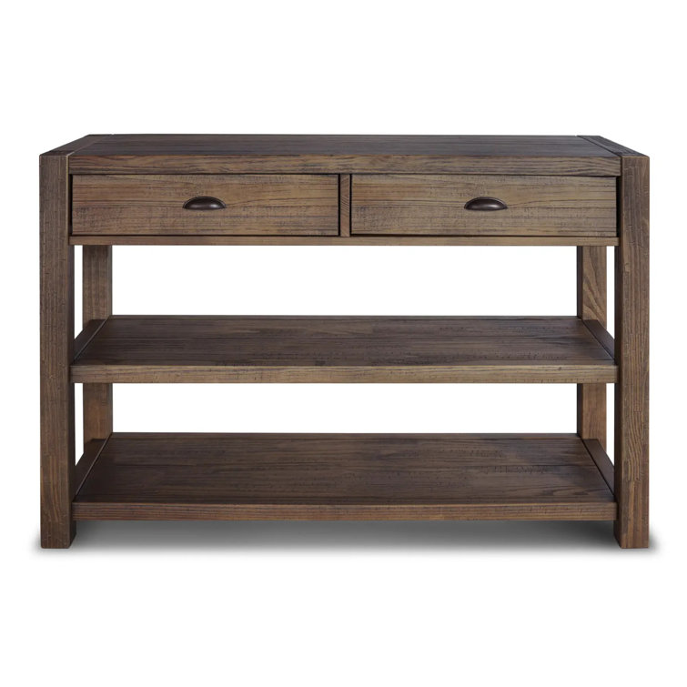 Rustic Walnut Solid Pine Wood Console Table with Storage