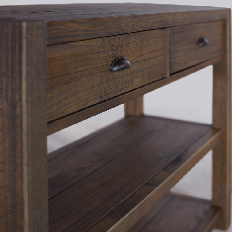 Rustic Walnut Solid Pine Wood Console Table with Storage