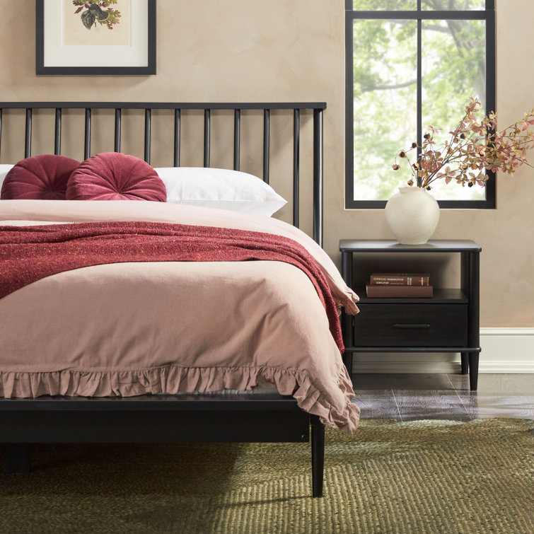 Elegant Queen Pine Spindle Bed with Headboard and Storage Drawer
