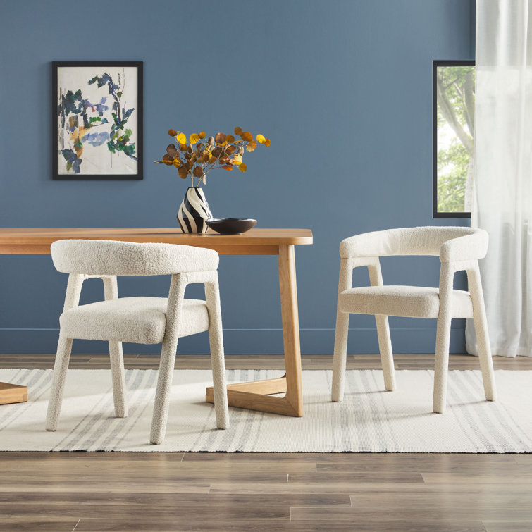Ivory Boucle Upholstered Arm Chair with Wooden Legs
