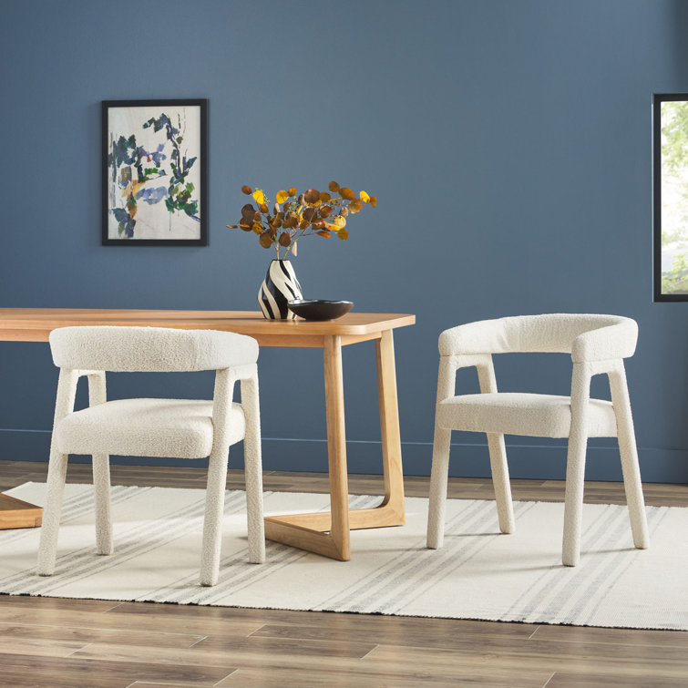 Ivory Boucle Upholstered Arm Chair with Wooden Legs