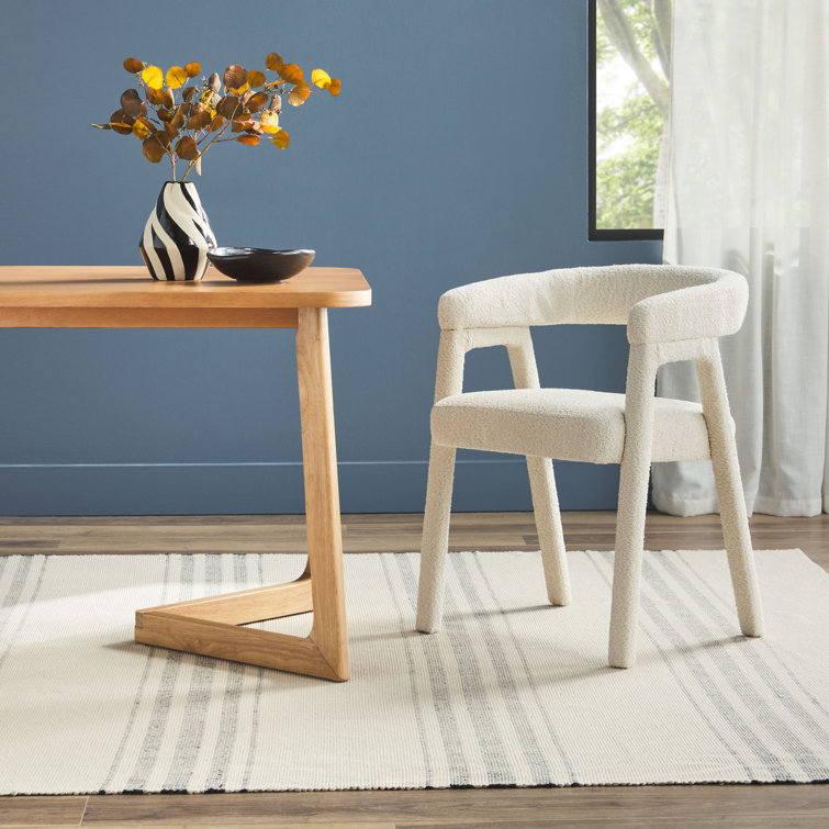 Ivory Boucle Upholstered Arm Chair with Wooden Legs