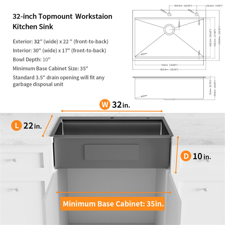 32x22 Inch Gunmetal Black Stainless Steel Single Bowl Workstation Sink