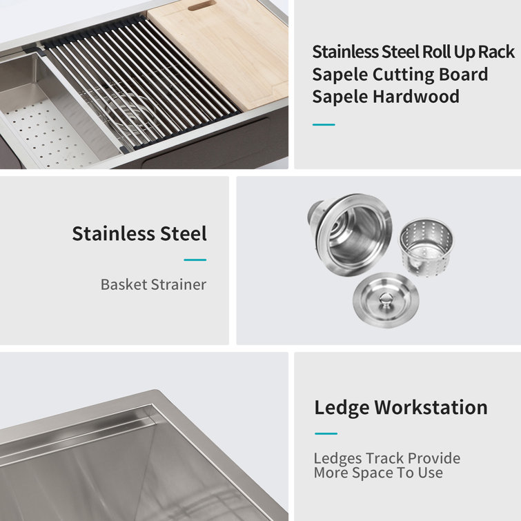 32" Stainless Steel Single Bowl Undermount Kitchen Sink with Workstation