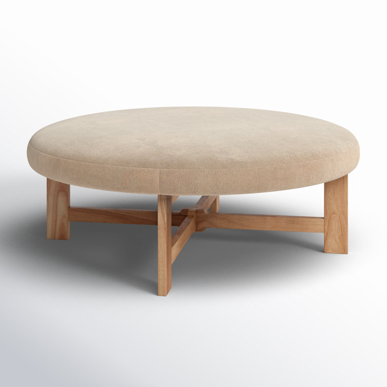 Ivory Boucle Round Ottoman with Pinewood Base
