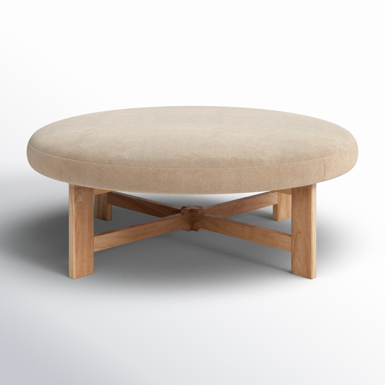 Ivory Boucle Round Ottoman with Pinewood Base