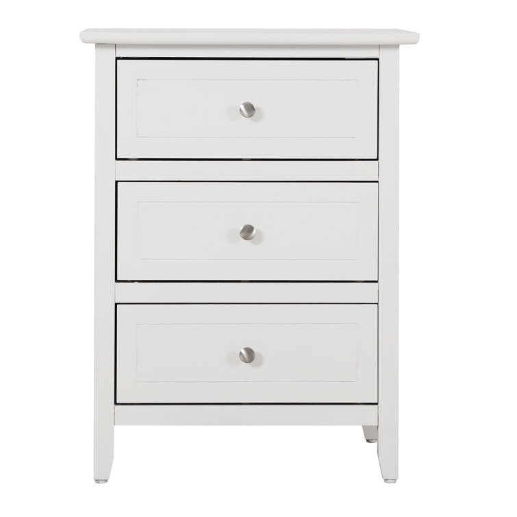 White Wood 3-Drawer Nightstand with Nickel Hardware