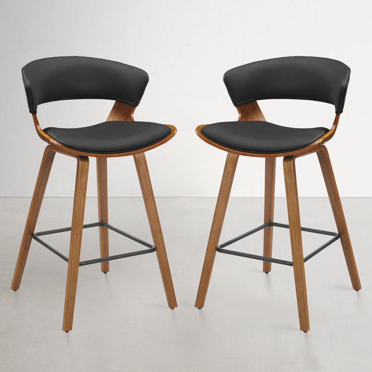 Mid-Century Modern Brown Wood and Black Faux Leather Counter Stools, Set of 2