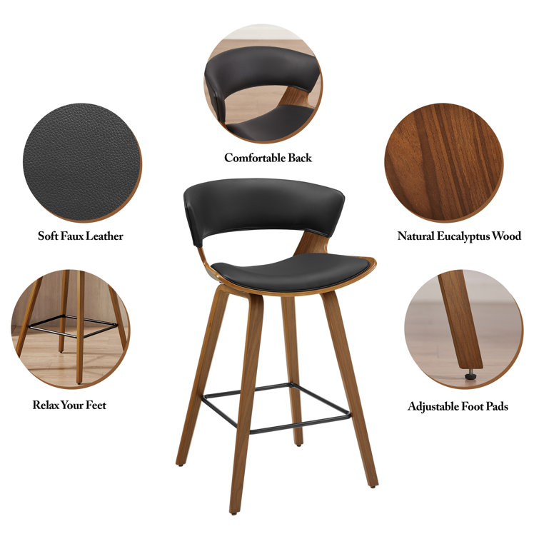Mid-Century Modern Brown Wood and Black Faux Leather Counter Stools, Set of 2