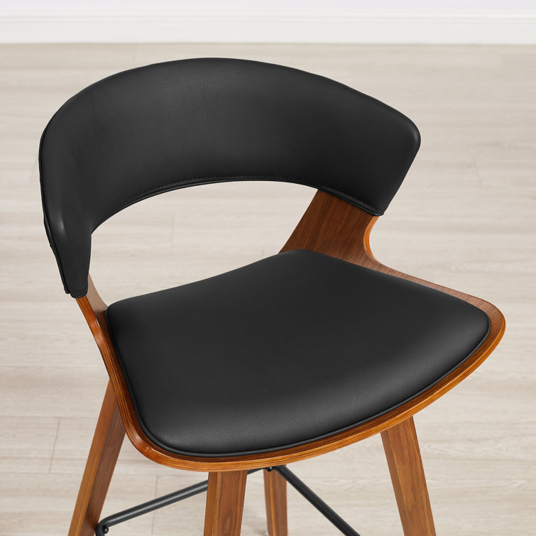Mid-Century Modern Brown Wood and Black Faux Leather Counter Stools, Set of 2