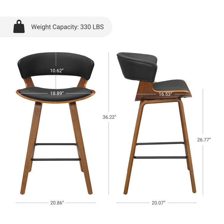 Mid-Century Modern Brown Wood and Black Faux Leather Counter Stools, Set of 2