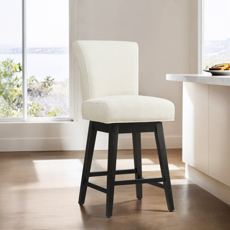 Cream Upholstered Swivel Counter Stool with Solid Wood Base
