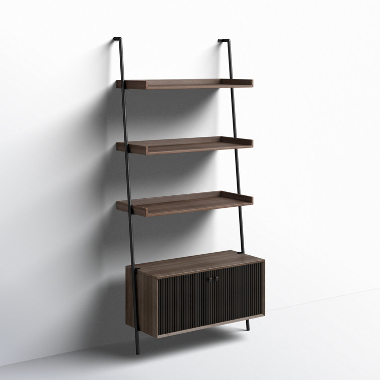 Mango Wood Ladder Bookcase with Dark Brown Cabinet