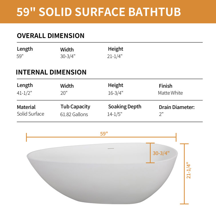 59'' Matte White Acrylic Freestanding Soaking Bathtub