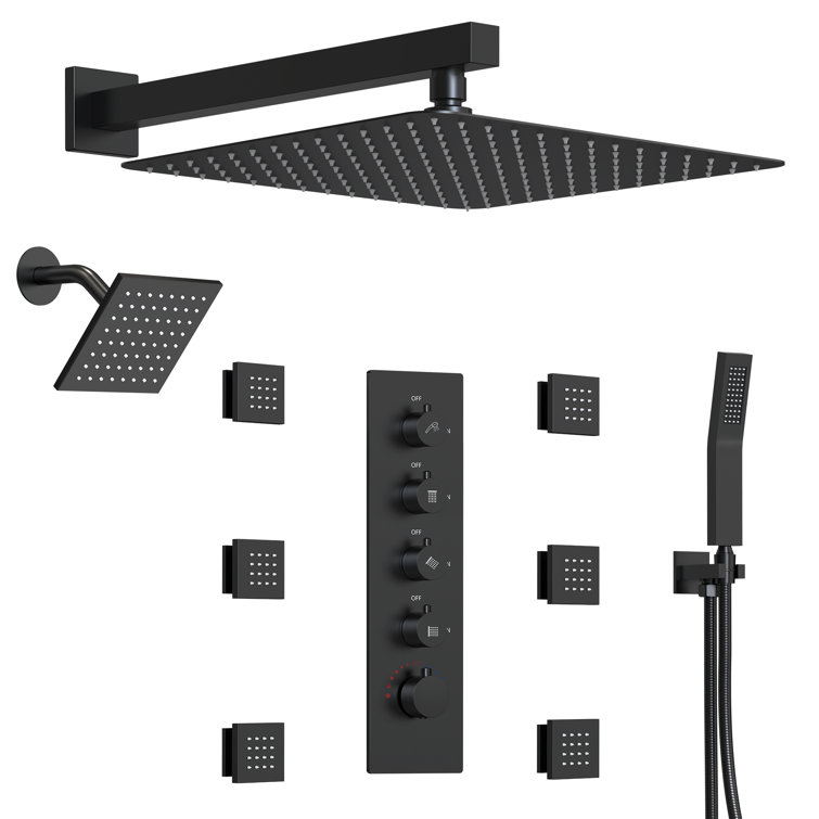 Matte Black Dual Shower Head System with Thermostatic Valve and Body Jets