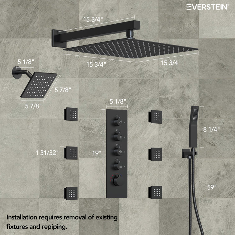 Matte Black Dual Shower Head System with Thermostatic Valve and Body Jets