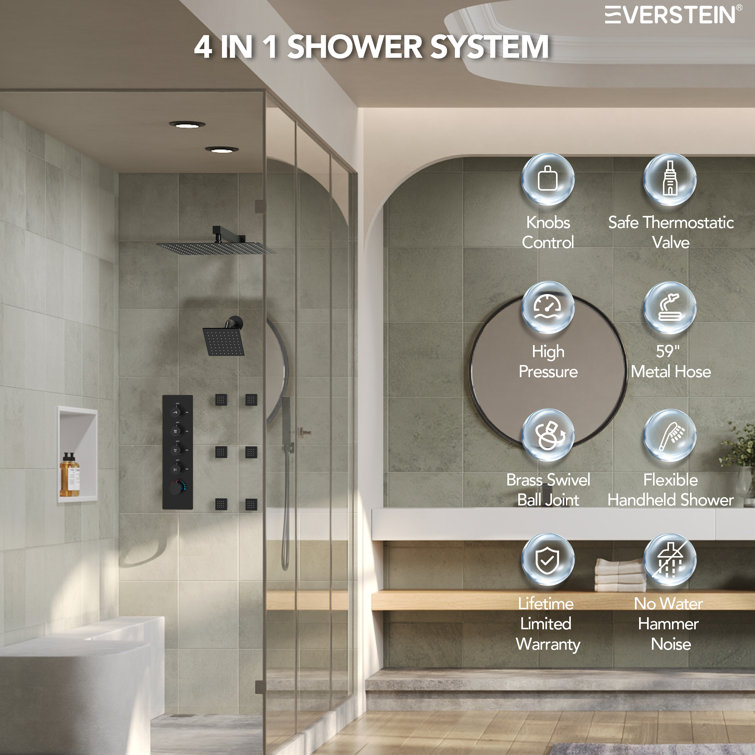 Matte Black Dual Shower Head System with Thermostatic Valve and Body Jets