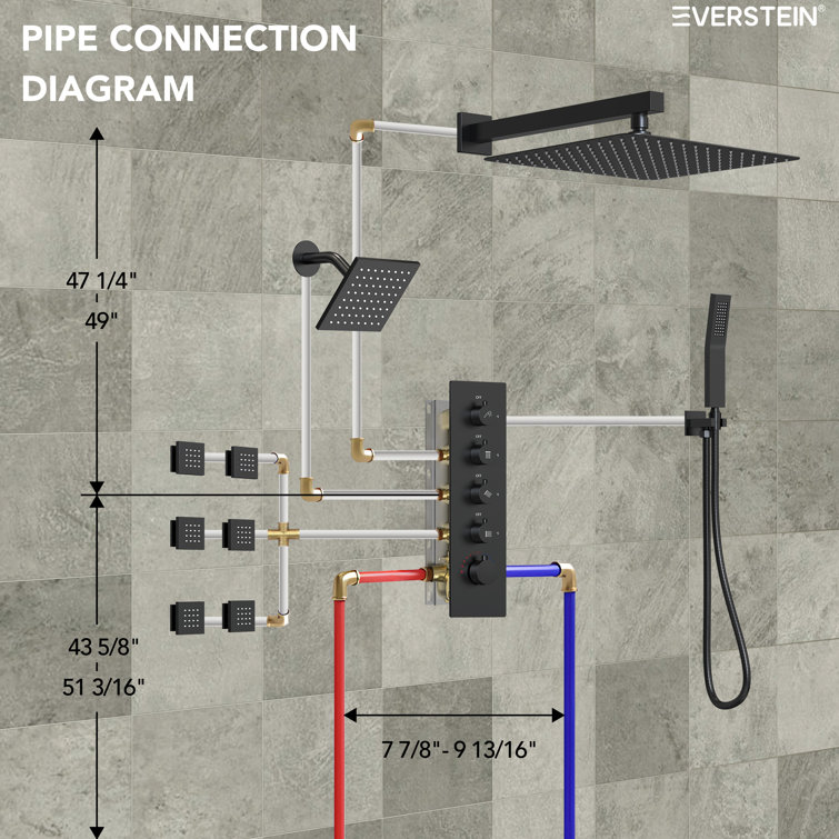 Matte Black Dual Shower Head System with Thermostatic Valve and Body Jets