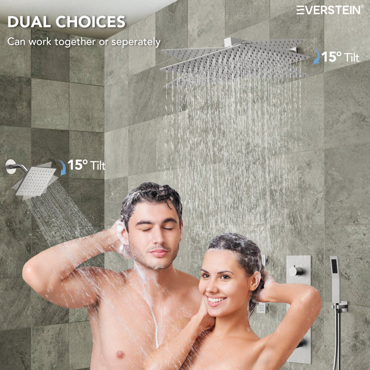 16" Dual Shower Heads with Handheld Spray and Body Jets in Brushed Nickel
