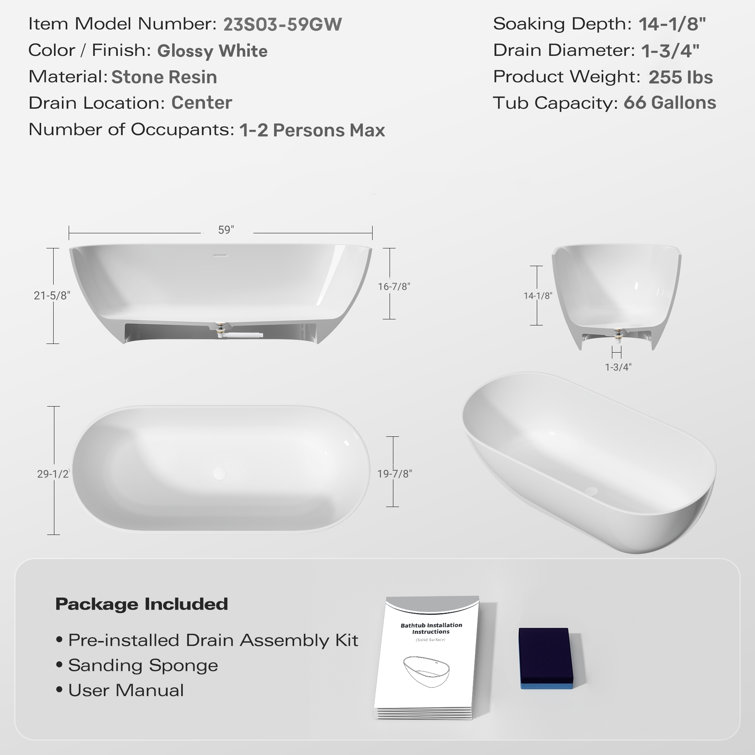 Glossy White 59" Freestanding Solid Surface Soaking Bathtub