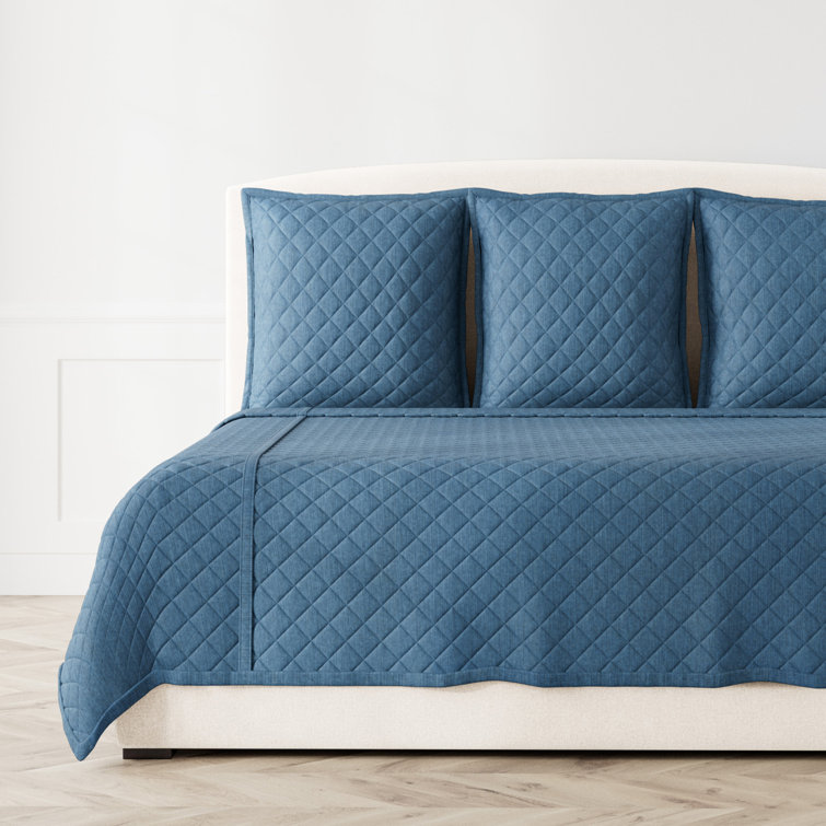 King Size Indigo Linen Quilted Coverlet Set with Euro Shams