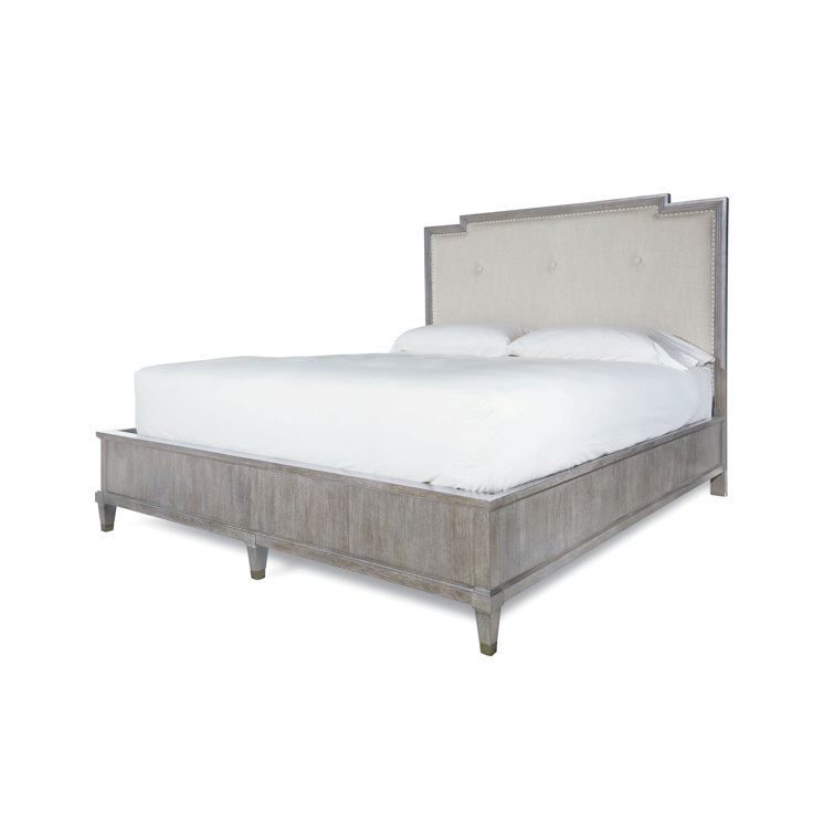 Smoke Gray King Upholstered Panel Bed with Nailhead Trim