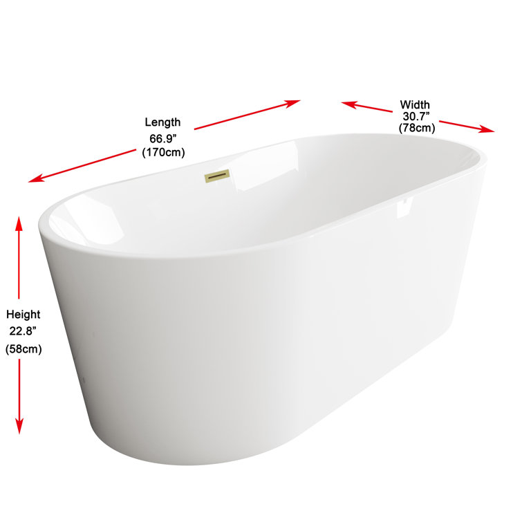 67 Inch Glossy White Acrylic Freestanding Bathtub with Brushed Gold Trim