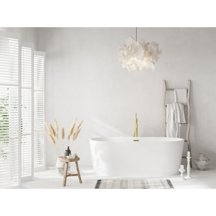 67 Inch Glossy White Acrylic Freestanding Bathtub with Brushed Gold Trim