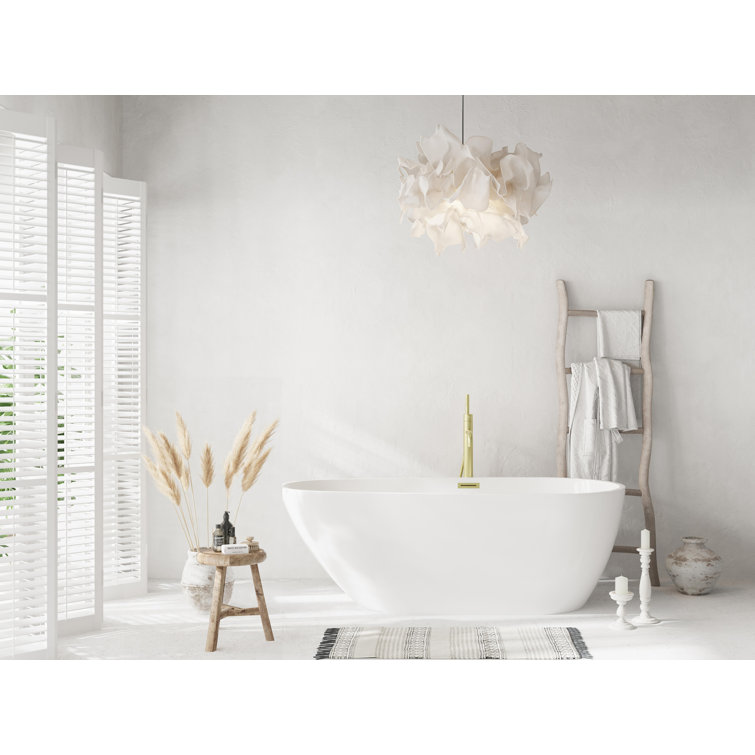 67 Inch Glossy White Acrylic Freestanding Bathtub with Brushed Gold Trim