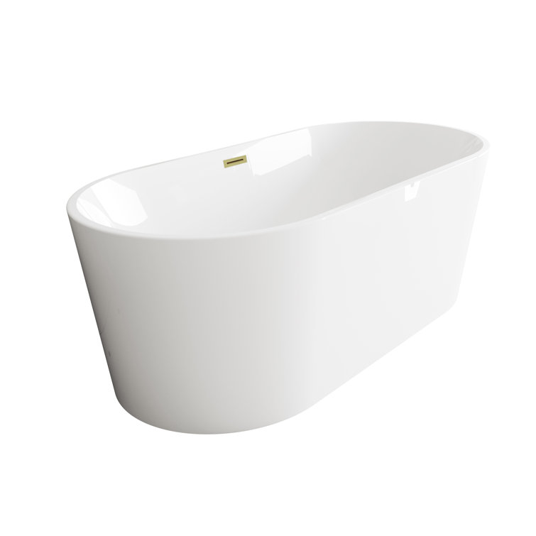 67 Inch Glossy White Acrylic Freestanding Bathtub with Brushed Gold Trim
