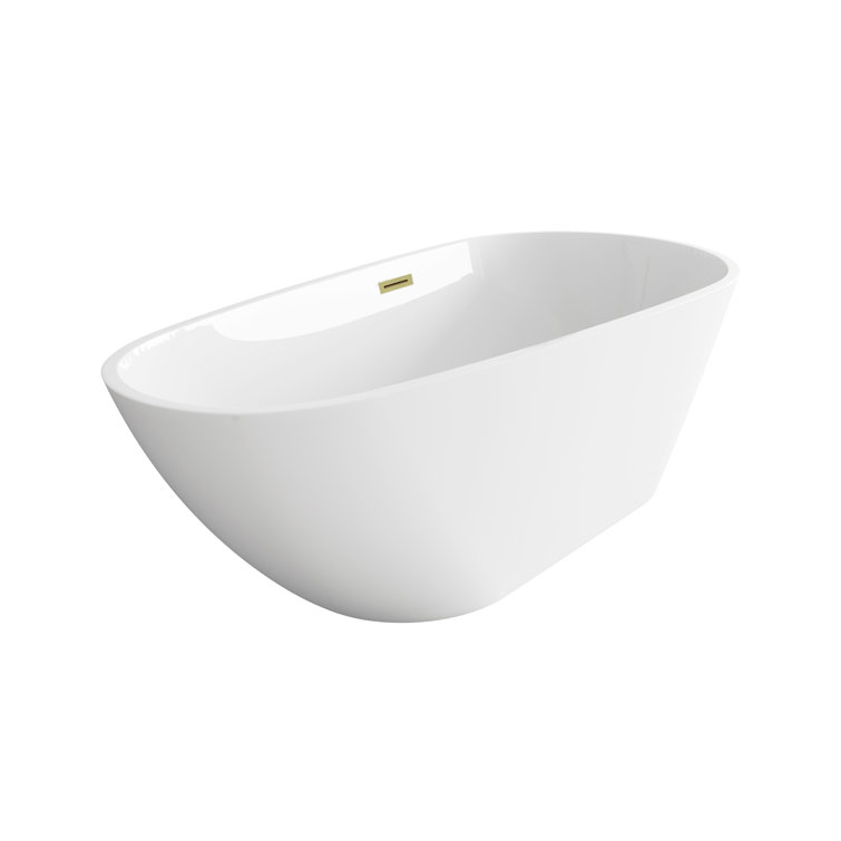 67 Inch Glossy White Acrylic Freestanding Bathtub with Brushed Gold Trim