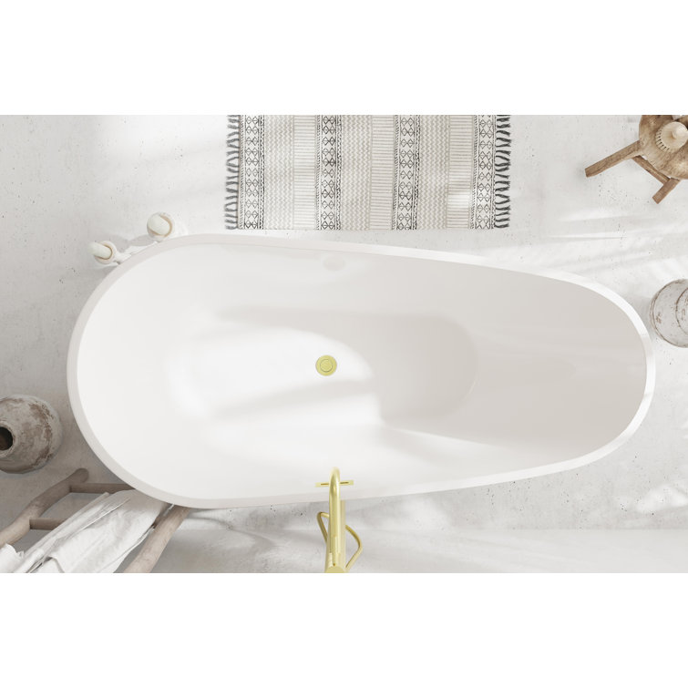 67 Inch Glossy White Acrylic Freestanding Bathtub with Brushed Gold Trim