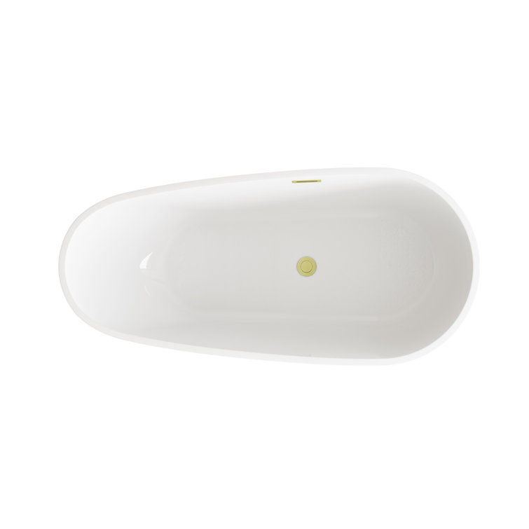 67 Inch Glossy White Acrylic Freestanding Bathtub with Brushed Gold Trim