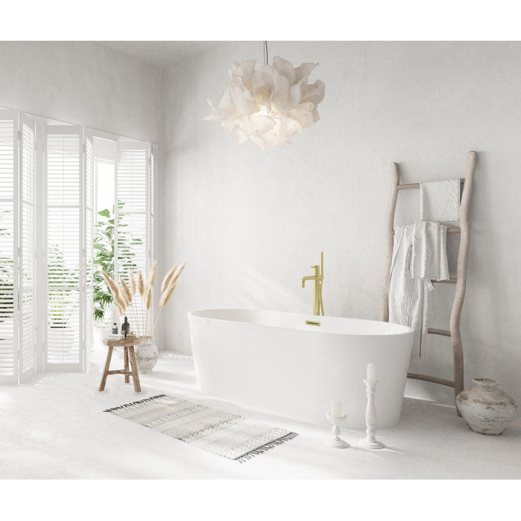 67 Inch Glossy White Acrylic Freestanding Bathtub with Brushed Gold Trim