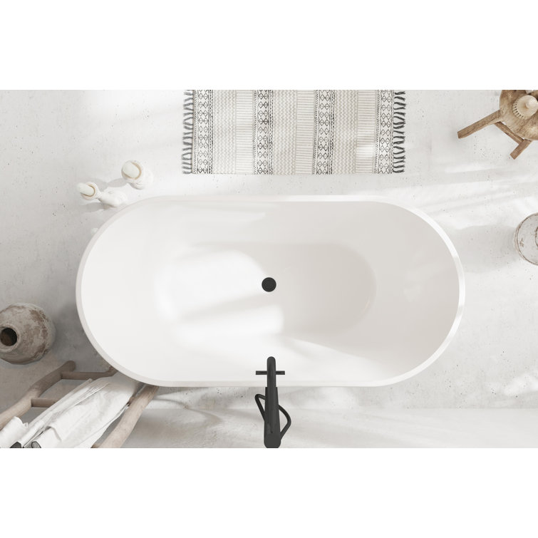 59 Inch Glossy White Acrylic Freestanding Bathtub with Matte Black Trim