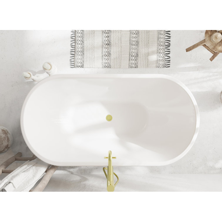 Elegant Glossy White Acrylic Bathtub with Brushed Gold Trim