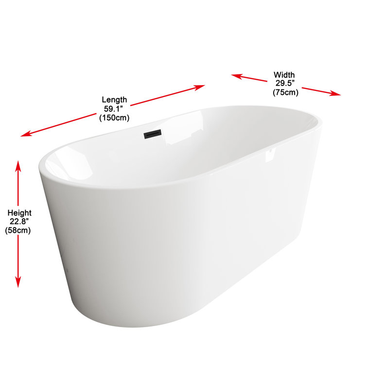 59 Inch Glossy White Acrylic Freestanding Bathtub with Matte Black Trim