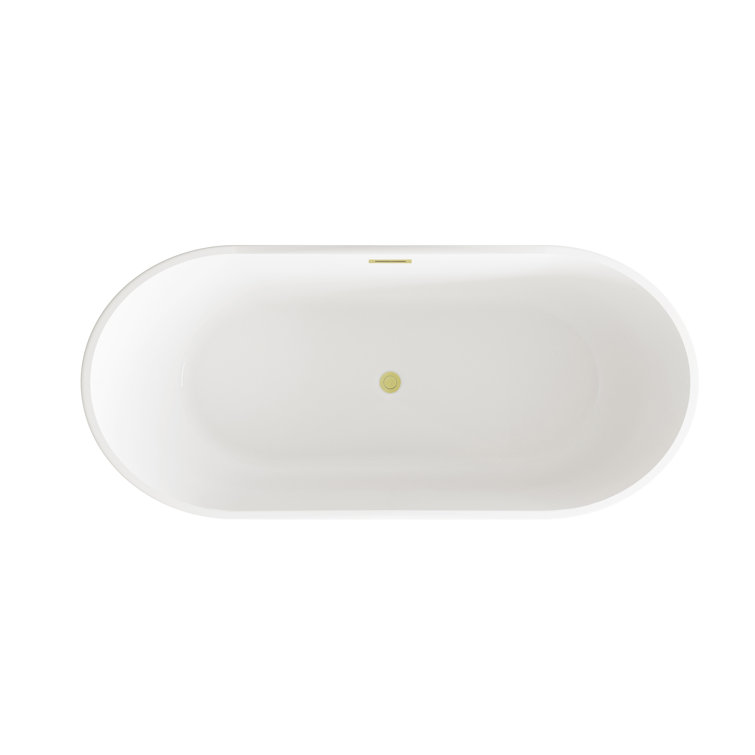 67 Inch Glossy White Acrylic Freestanding Bathtub with Brushed Gold Trim