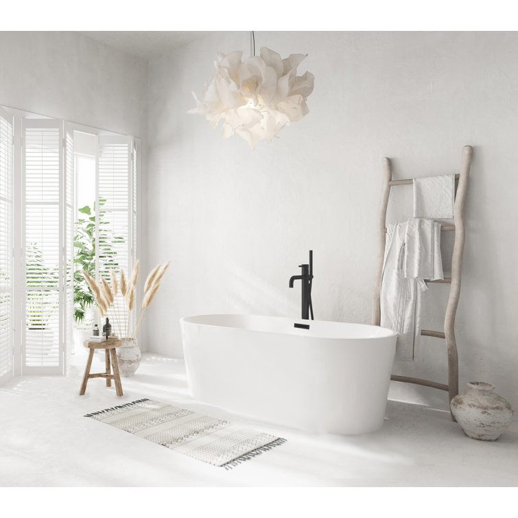 59 Inch Glossy White Acrylic Freestanding Bathtub with Matte Black Trim