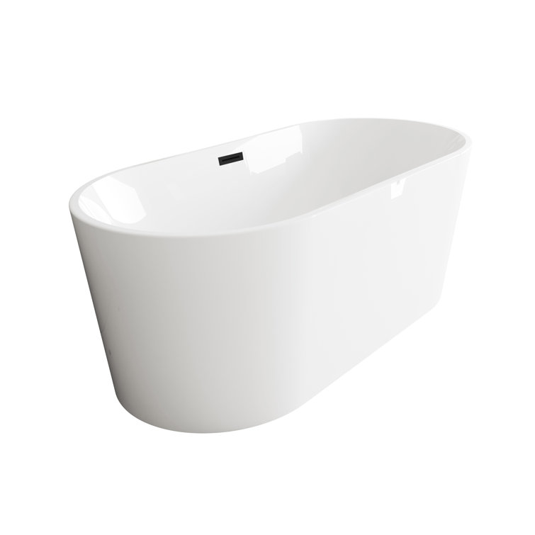 59 Inch Glossy White Acrylic Freestanding Bathtub with Matte Black Trim