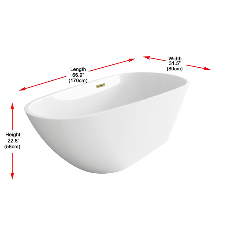67 Inch Glossy White Acrylic Freestanding Bathtub with Brushed Gold Trim
