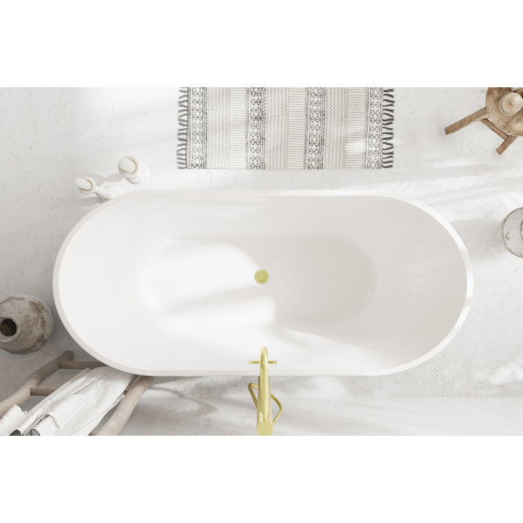 67 Inch Glossy White Acrylic Freestanding Bathtub with Brushed Gold Trim